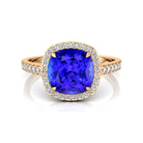 Halo Diamond Engagement Ring with Cushion Cut Tanzanite