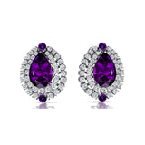 Double Halo Cluster Diamonds Teardrop Amethyst Stud Earrings