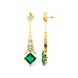 Inverted Princess Cut Emerald Drop Earrings with Diamonds