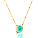 Emerald Cut Paraiba Tourmaline Halo Set Diamond Necklace