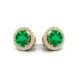 Round Solitaire Emerald Halo Diamond Stud Earrings