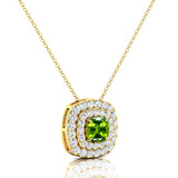 Double Halo Diamond Cushion Cut Peridot Necklace