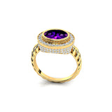 Vintage Style Elongated Oval Amethyst Halo Diamond Twisted Ring