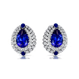 Double Halo Cluster Diamonds Teardrop Blue Sapphire Stud Earrings