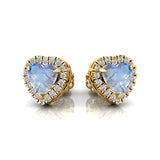 Heart Shaped Moonstone Halo Diamond Stud Earrings