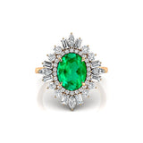 Oval Solitaire Emerald Baguette and Round Diamond Cocktail Ring