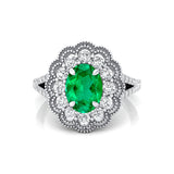 Flower Inspired Cluster Diamond Oval Emerald Engagement Ring