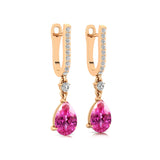 Lever Back Diamond Drop Earrings with Pear Cut Pink Sapphire