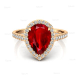 Classic Pear Shaped Ruby Halo Diamond Engagement Ring