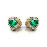 Heart Shaped Emerald Halo Diamond Stud Earrings