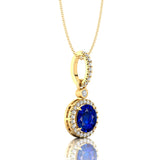 Classic Solitaire Round Blue Sapphire Halo Diamond Dangle Pendant