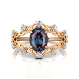 Flower Inspired Ring with Oval Shaped Alexandrite and Accent Diamonds