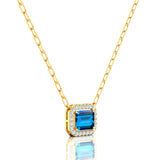 Emerald Cut London Blue Topaz Halo Set Diamond Necklace