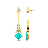 Inverted Princess Cut Paraiba Tourmaline Drop Earrings with Diamonds