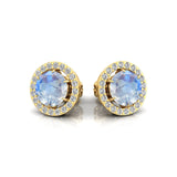 Round Solitaire Moonstone Halo Diamond Stud Earrings