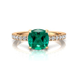 Emerald Square Cushion Under Halo Diamonds Thin Ring with Diamond Band