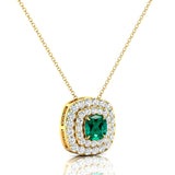 Double Halo Diamond Cushion Cut Emerald Necklace