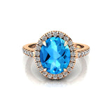 Oval Solitaire Swiss Blue Topaz Halo Diamond Engagement Ring