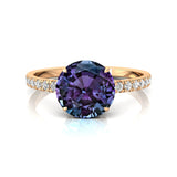 Classic Six Prong Round Solitaire Alexandrite Ring with Accent Diamond Band