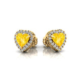 Heart Shaped Yellow Sapphire Halo Diamond Stud Earrings