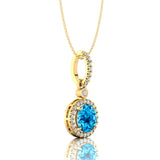 Classic Solitaire Round Swiss Blue Topaz Halo Diamond Dangle Pendant