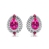 Double Halo Cluster Diamonds Teardrop Pink Sapphire Stud Earrings