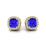 Cushion Cut Tanzanite Halo Diamond Stud Earrings