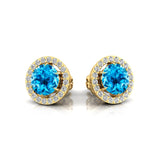 Round Solitaire Swiss Blue Topaz Halo Diamond Stud Earrings