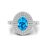 Triple Halo Diamond Oval Cut Swiss Blue Topaz Cocktail Ring