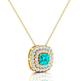 Double Halo Diamond Cushion Cut Paraiba Tourmaline Necklace