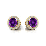 Round Solitaire Amethyst Halo Diamond Stud Earrings