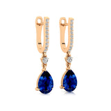 Lever Back Diamond Drop Earrings with Pear Cut Blue Sapphire