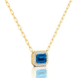 Emerald Cut Swiss Blue Topaz Halo Set Diamond Necklace