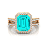 Halo Set Emerald Shaped Paraiba Tourmaline Split Shank Ring with Accent Diamonds