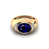 Classic Dome Shaped Diamond Oval Cut Blue Sapphire Ring