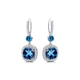 Halo Diamond Cushion Cut London Blue Topaz Dangle Earrings