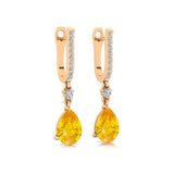 Lever Back Diamond Drop Earrings with Pear Cut Yellow Sapphire