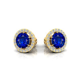 Round Solitaire Blue Sapphire Halo Diamond Stud Earrings