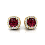 Cushion Cut Garnet Halo Diamond Stud Earrings