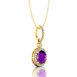 Classic Solitaire Round Amethyst Halo Diamond Dangle Pendant