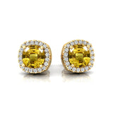 Cushion Cut Yellow Sapphire Halo Diamond Stud Earrings