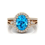 Solitaire Oval Swiss Blue Topaz Split Shank Diamond Engagement Ring