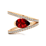 Fashionable V Shaped Diamond Ring with Pear Cut Garnet