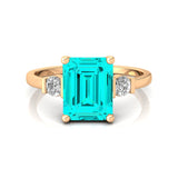 Emerald Cut Paraiba Tourmaline and Diamond Three Stone Ring