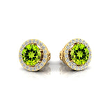 Round Solitaire Peridot Halo Diamond Stud Earrings