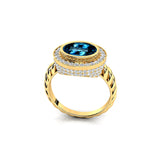 Vintage Style Elongated Oval London Blue Topaz Halo Diamond Twisted Ring