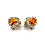 Heart Shaped Citrine Halo Diamond Stud Earrings