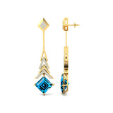 Inverted Princess Cut London Blue Topaz Drop Earrings with Diamonds