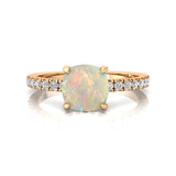 Opal Square Cushion Under Halo Diamonds Thin Ring with Diamond Band