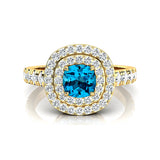 Double Halo Diamond Cushion Cut Swiss Blue Topaz Ring